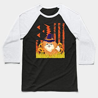 Pomeranian Dog Witch Dancing Pumpkins Halloween US Flag Baseball T-Shirt